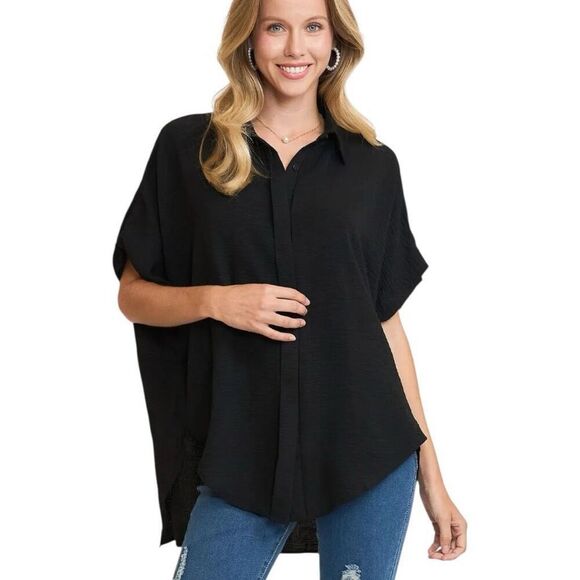 Black High Low Button Up Short Sleeve Shirt NWT | Umgee - Picture 2 of 8